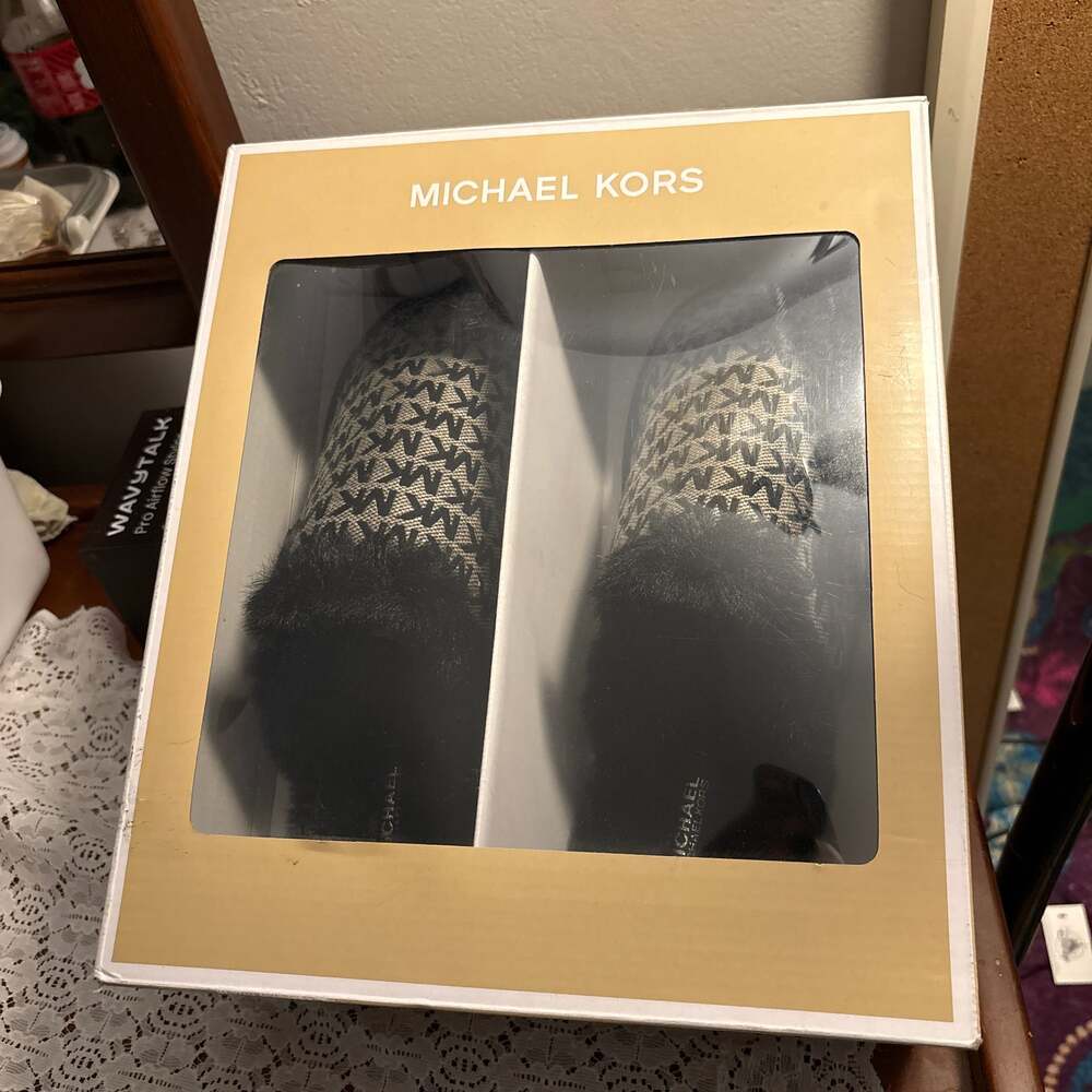 Michael Kors Janis Signature Monogram Faux Fur Slippers, Black, Size 11